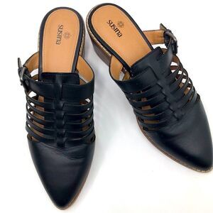 Susina Sondra Lea Black Strappy Pointed Toe Slip On Block Heeled Mules